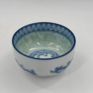 Vintage Korean Porcelain Rice Bowl Blue Green Crane Pine Tree Korea